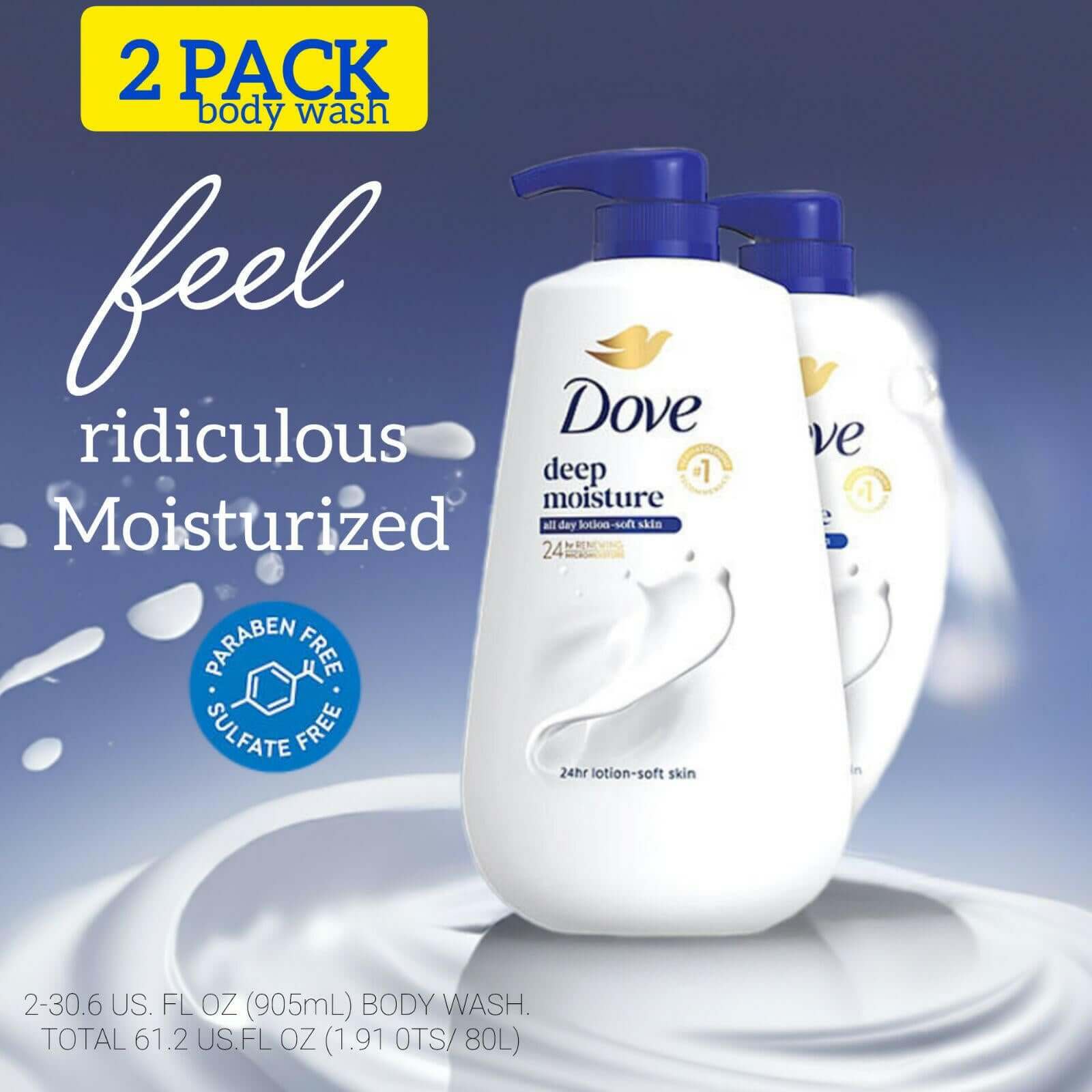 Dove Deep Moisture Body Wash with Pump, 2 Pack (34 oz Each), Hydrating Skin Cleanser with Natural Nourishers, 30.6 fl oz, Total 68 oz.