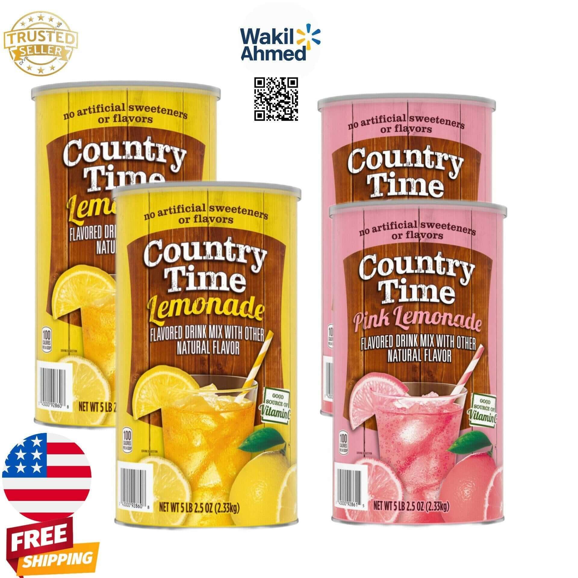 (4 Pack) Country Time Lemonade & Pink Lemonade Drink Mix Combo - 2 Canisters (82.5 oz Each) | Naturally Flavored | No Artificial Sweeteners.