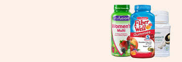 Promotional banner for vitamins and supplements, featuring vibrant health-themed visuals.
