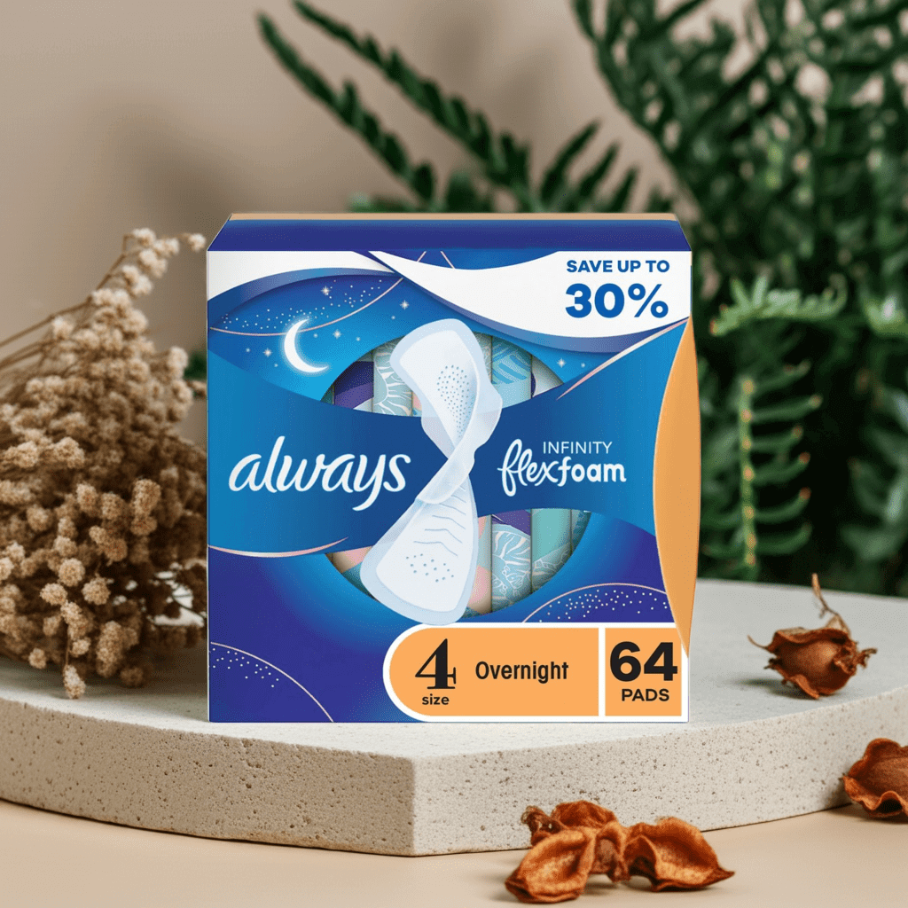 Always Infinity FlexFoam Overnight Pads with Wings, Unscented, Size 4, 64 ct – Flex Foam Night Pads for Heavy Flow.