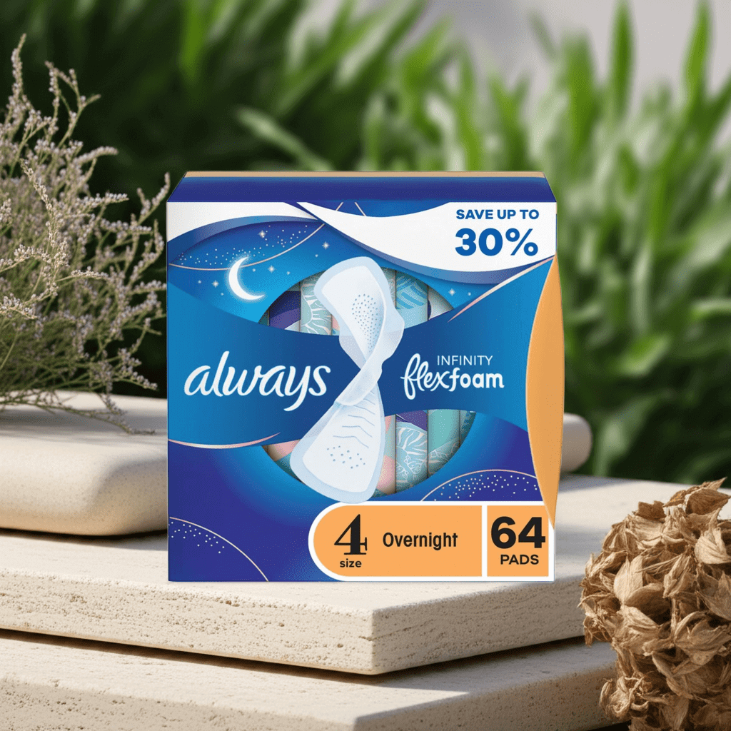 Always Infinity FlexFoam Overnight Pads with Wings, Unscented, Size 4, 64 ct – Flex Foam Night Pads for Heavy Flow.