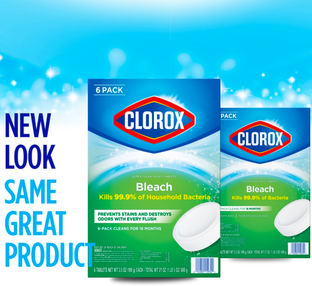 Two packages of Clorox Bleach with a blue background and promotional text.