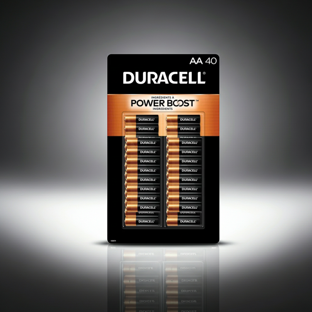 Pack of Duracell AA batteries on a reflective surface with a dark gradient background