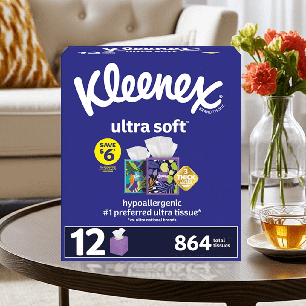 Kleenex Ultra Soft Hypoallergenic 3-Ply Facial Tissues 12 Cube Boxes (72 Tissues/Box).