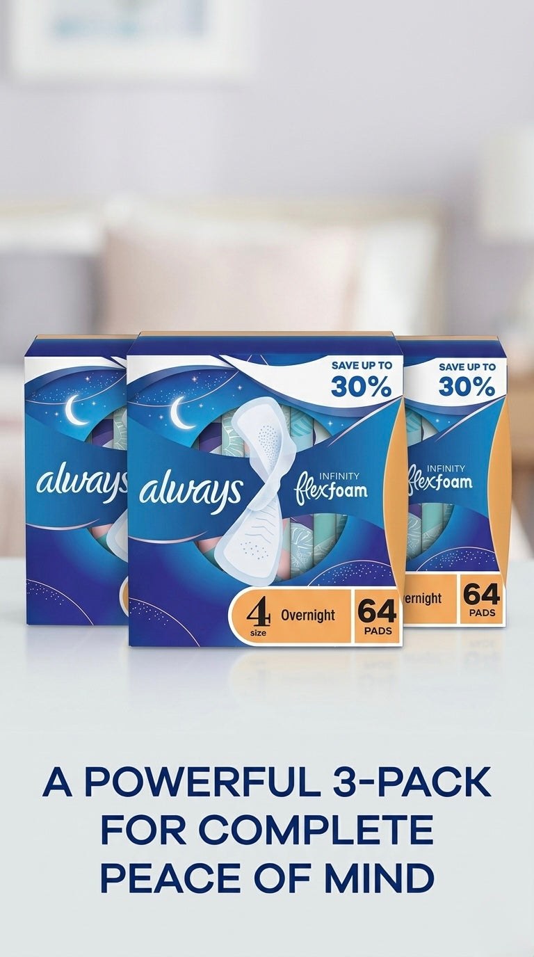Three-pack overnight pads boxes, size 4, 64 ct each, Infinity FlexFoam