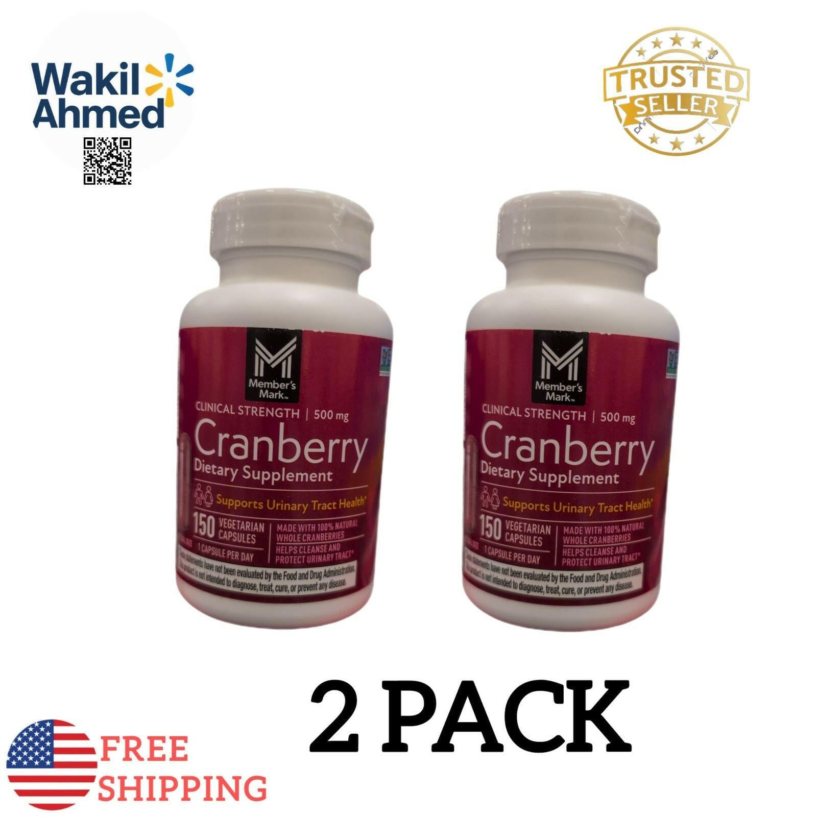 (2 Pack) Clinical Strength Cranberry Capsules 500 mg, 150 ct Each.