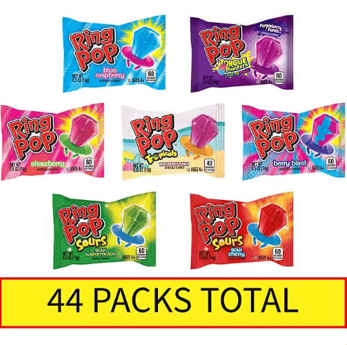 Ring Pop Candy Variety Pack – Assorted Flavors, Wearable Hard Candy Lollipops, 0.5 oz Each, 44 Count Party Favor Box.