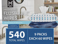 Advertisement for Member's Mark fresh scent flushable wipes with packaging and usage scenario.