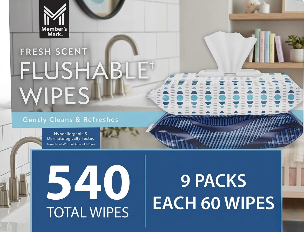 Advertisement for Member's Mark fresh scent flushable wipes with packaging and usage scenario.