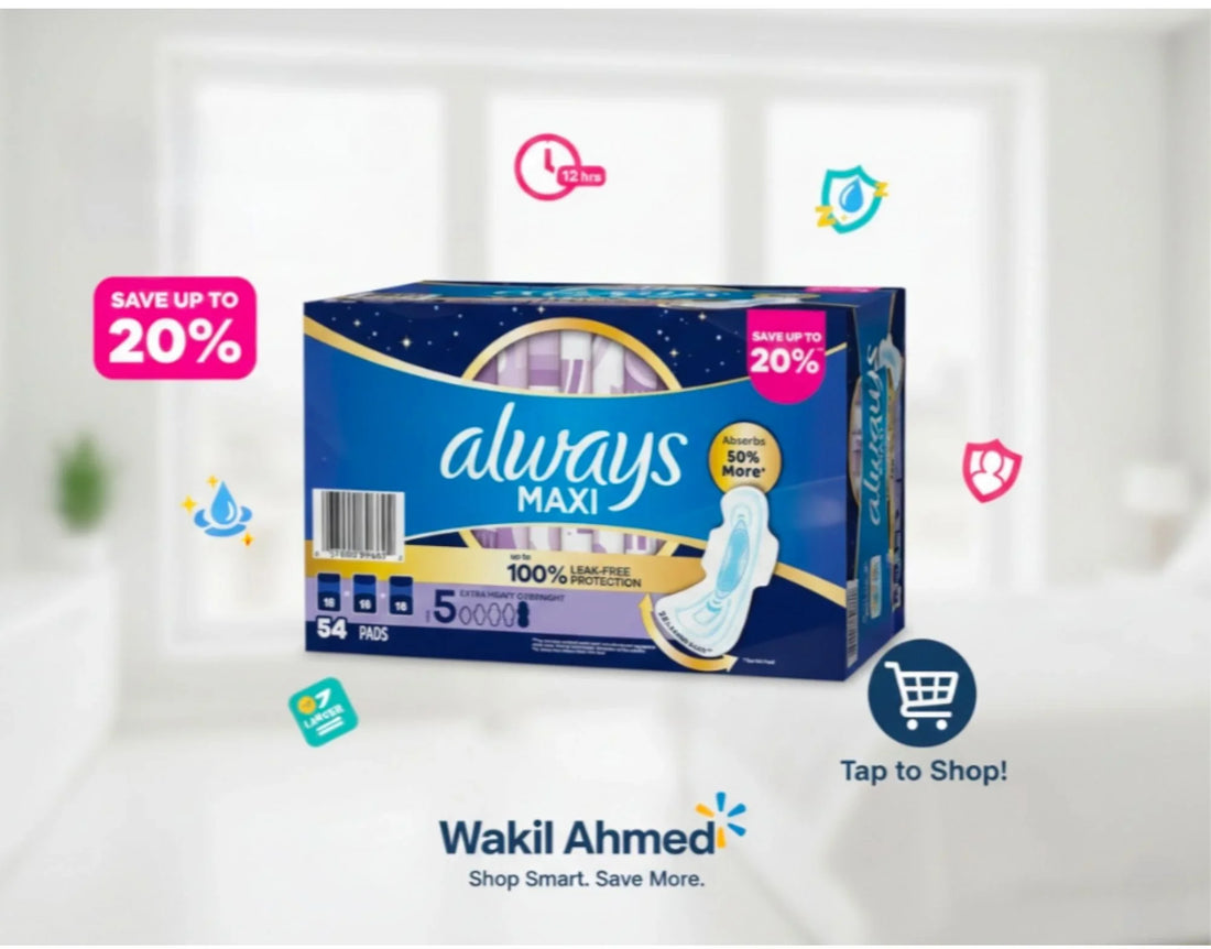 Always Maxi pad packaging with promotional text on a white background