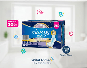 Always Maxi pad packaging with promotional text on a white background