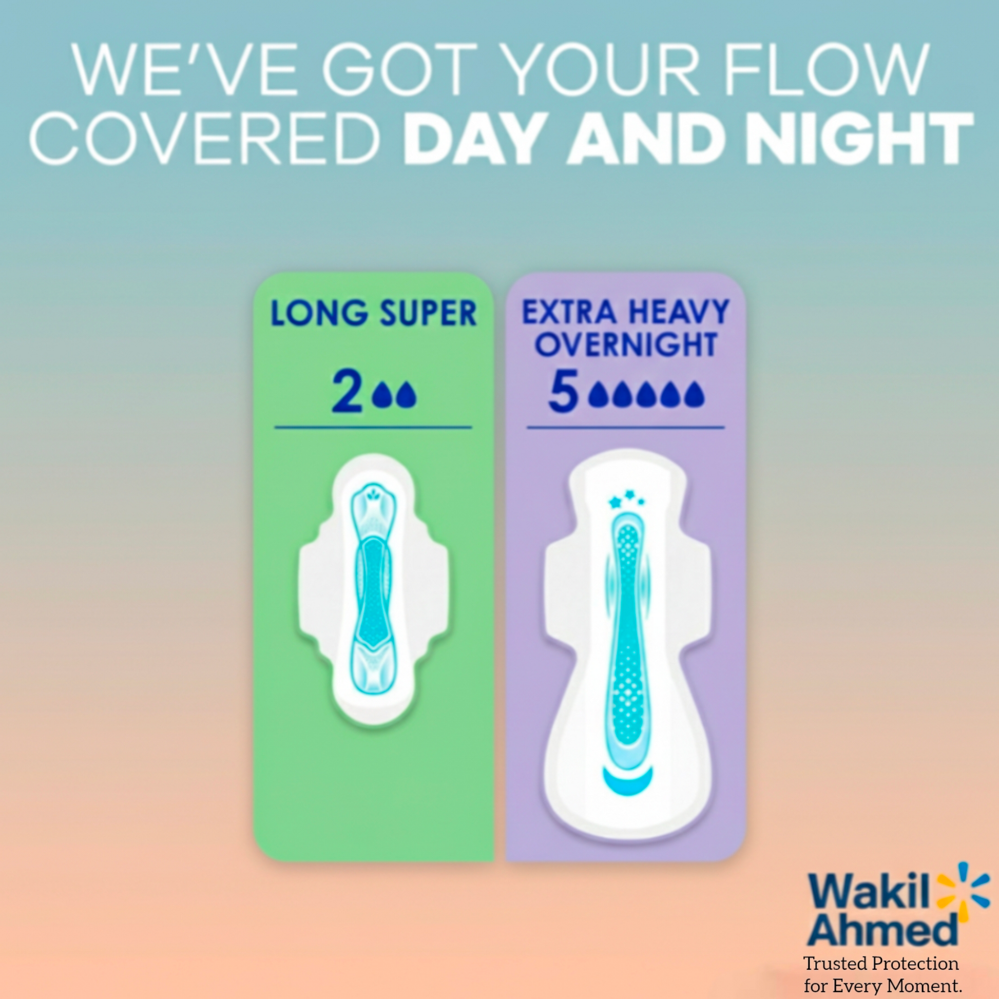 Two menstrual pads with packaging labels on a gradient background, featuring the brand 'Always'.