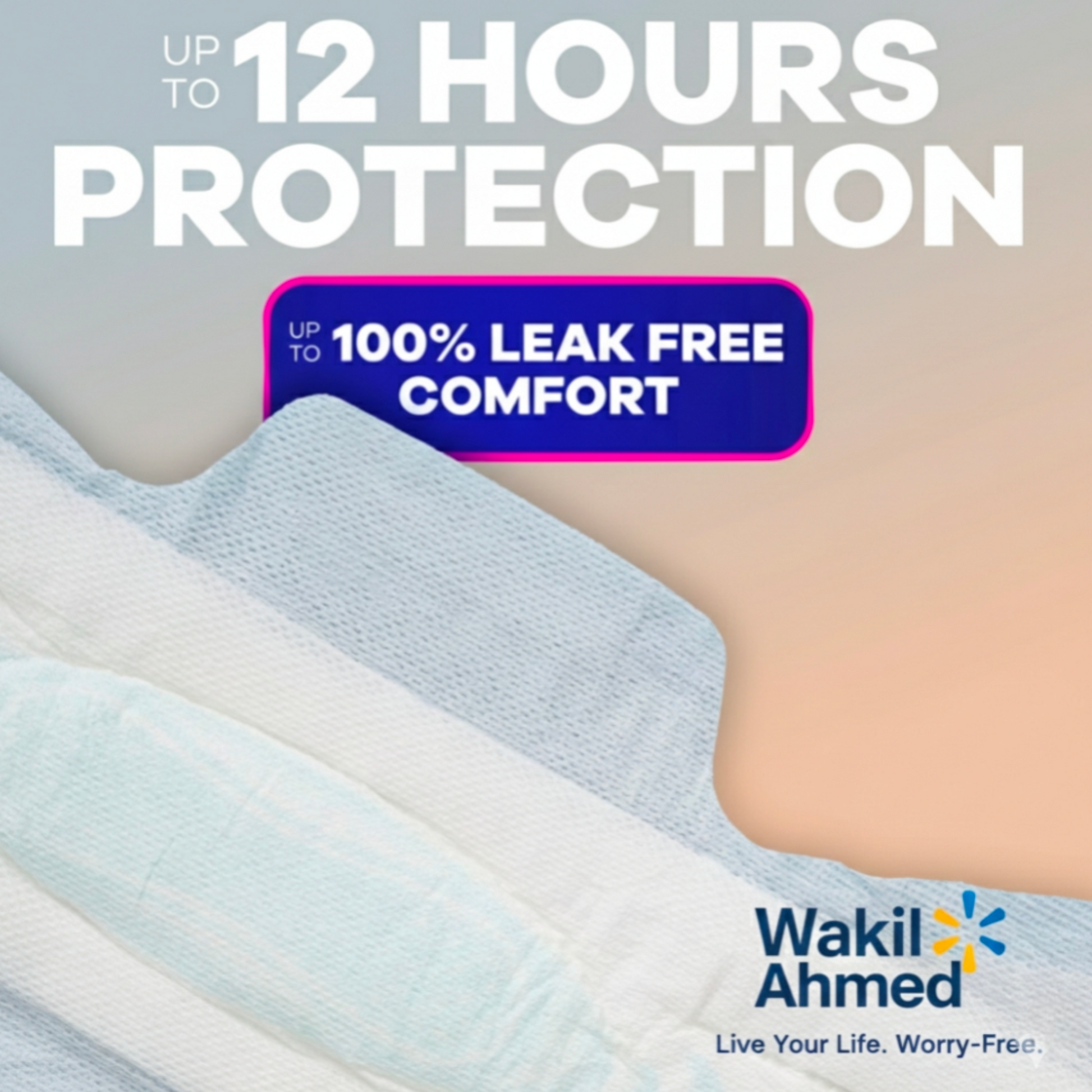 Wakil Ahmed Shop incontinence products with text on protection and comfort
