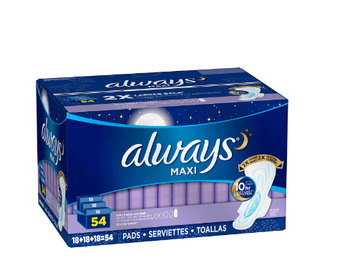 Always Maxi Extra Heavy Overnight Pads Unscented 54 count pack