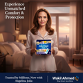Angelina Jolie holding Always maxi pads in a bedroom setting with text about comfort and protection.