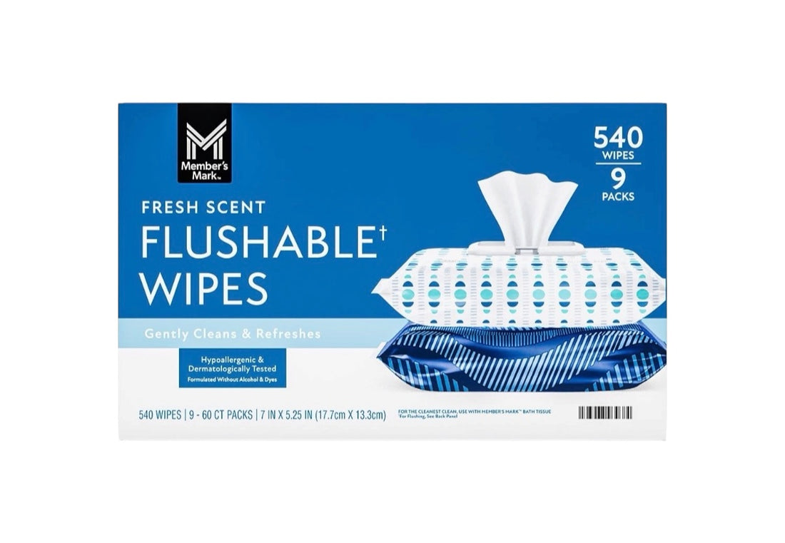 Box Office of Member's Mark fresh scent flushable wipes with blue and white design.