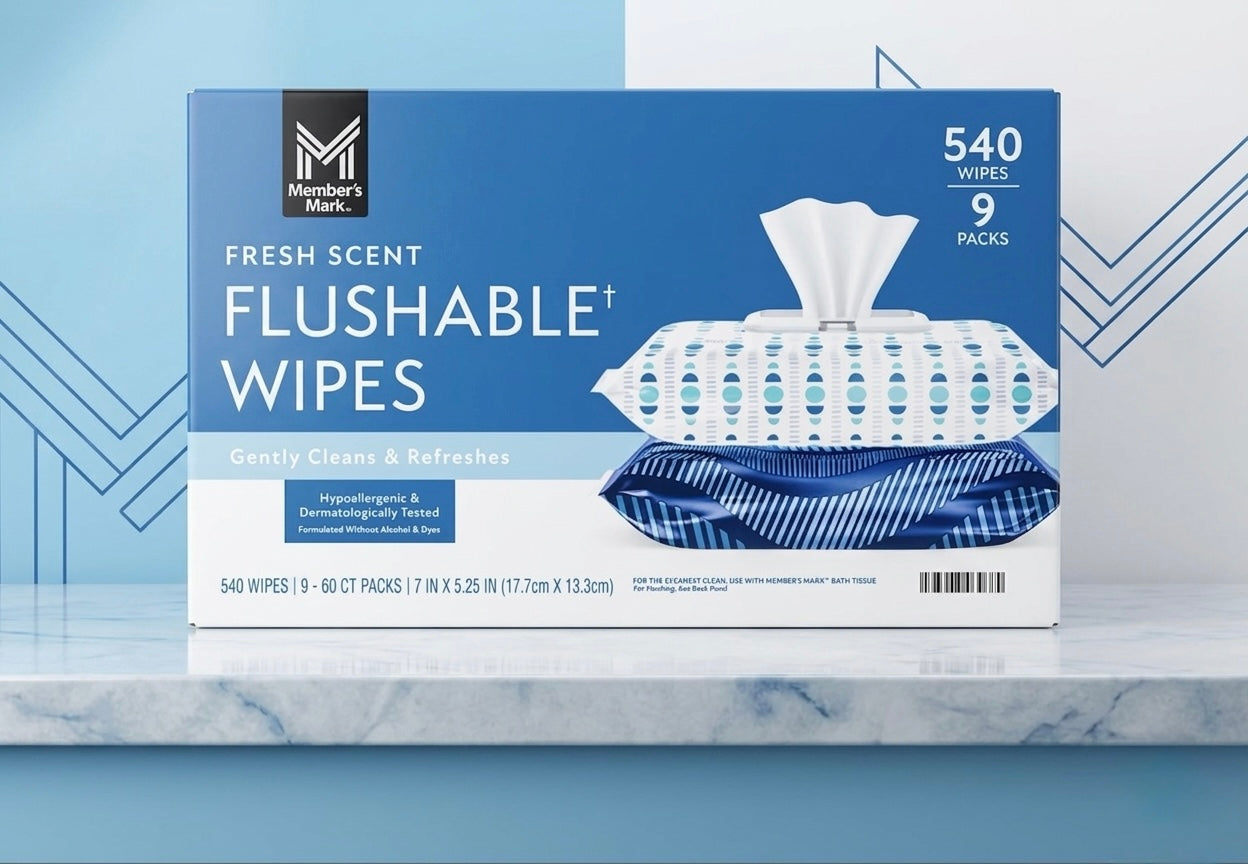 Box of Member's Mark fresh scent flushable wipes on a marble surface with a blue geometric pattern.