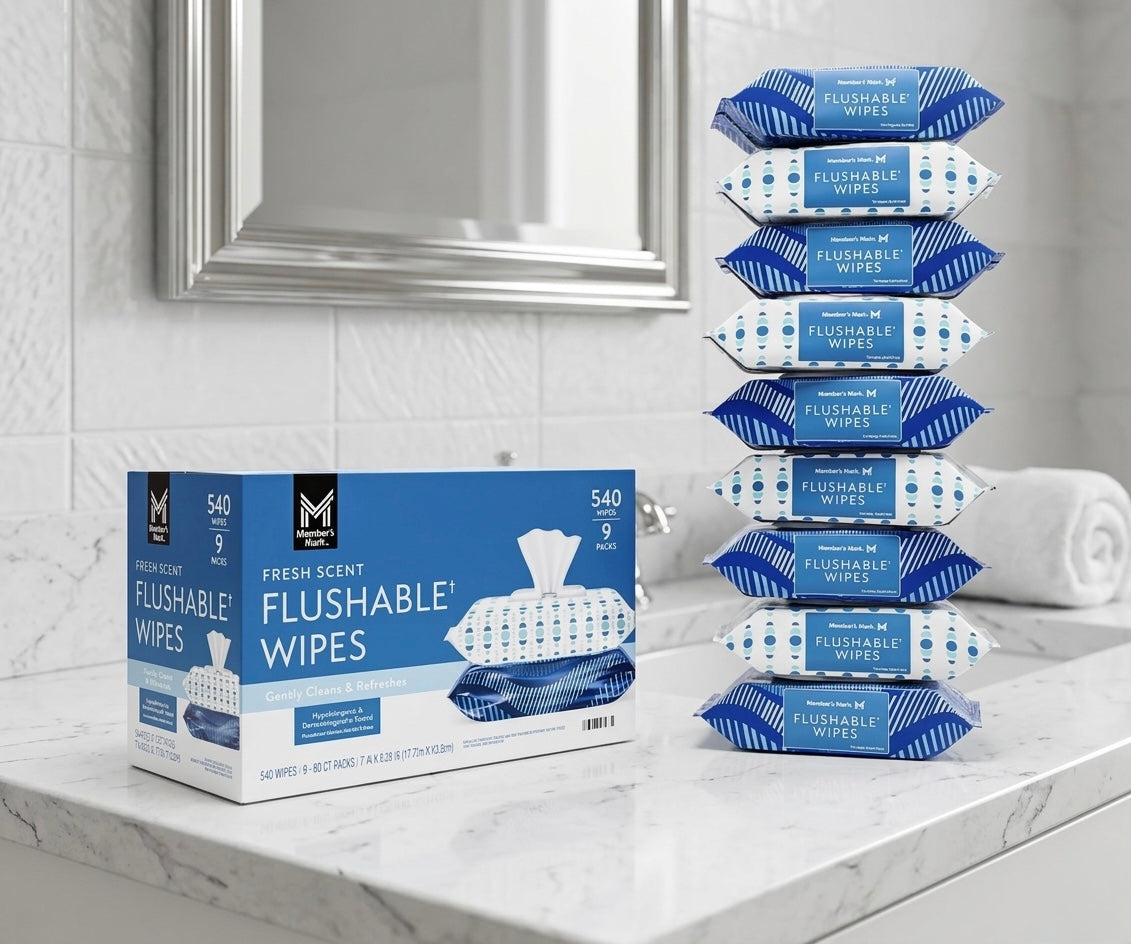 Box of flushable wipes on a bathroom counter with multiple packages stacked behind it.