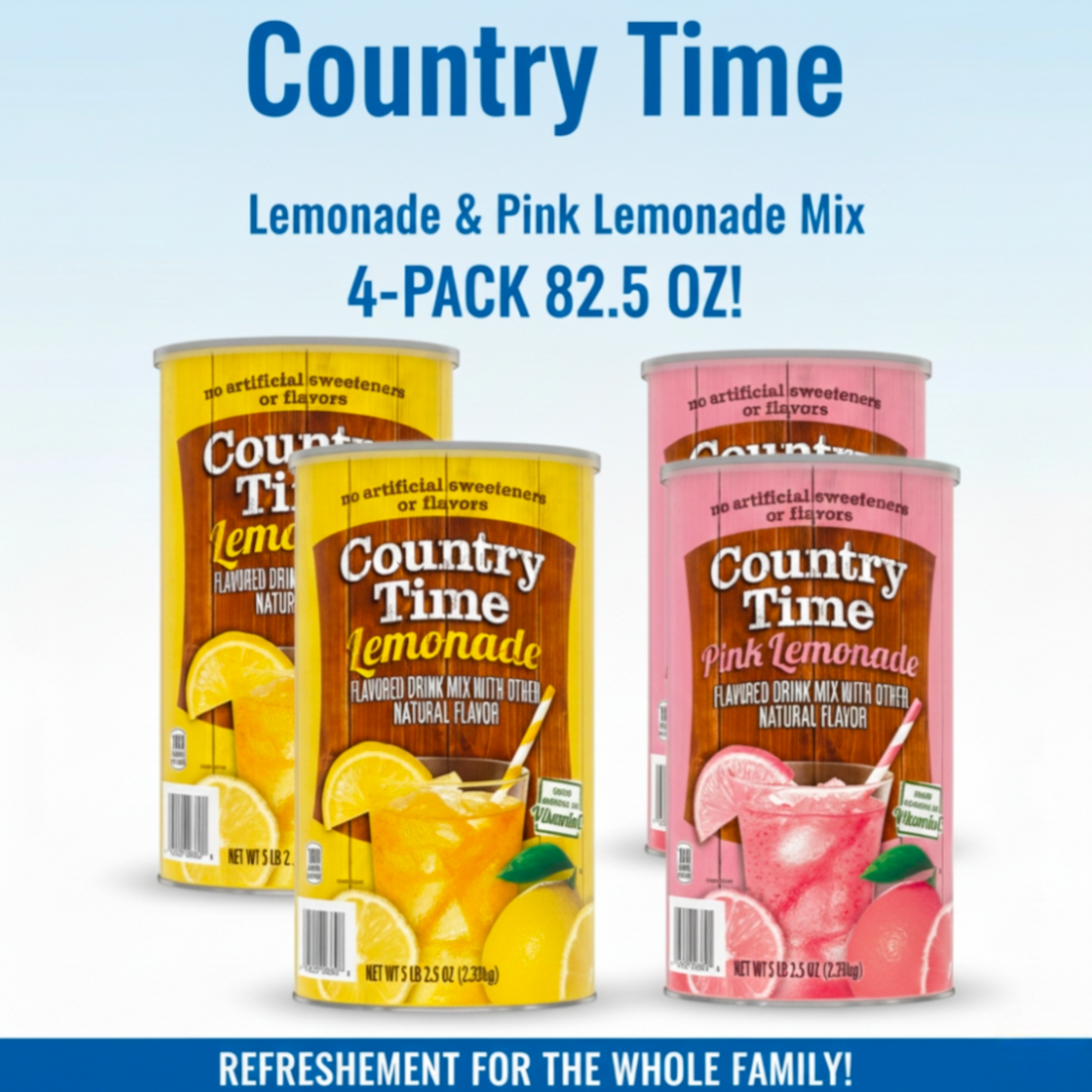 Four cans of Country Time lemonade and pink lemonade mix on a light blue background.