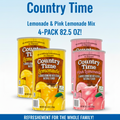 Four cans of Country Time lemonade and pink lemonade mix on a light blue background.