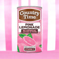 Can of Country Time Pink Lemonade on a pink and white striped background