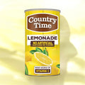 Can of Country Time Lemonade with lemon graphics on a yellow background