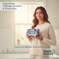 Deepika Padukone holding a package of 'always' pads in a bathroom setting with text about comfort, protection, and brand trust.