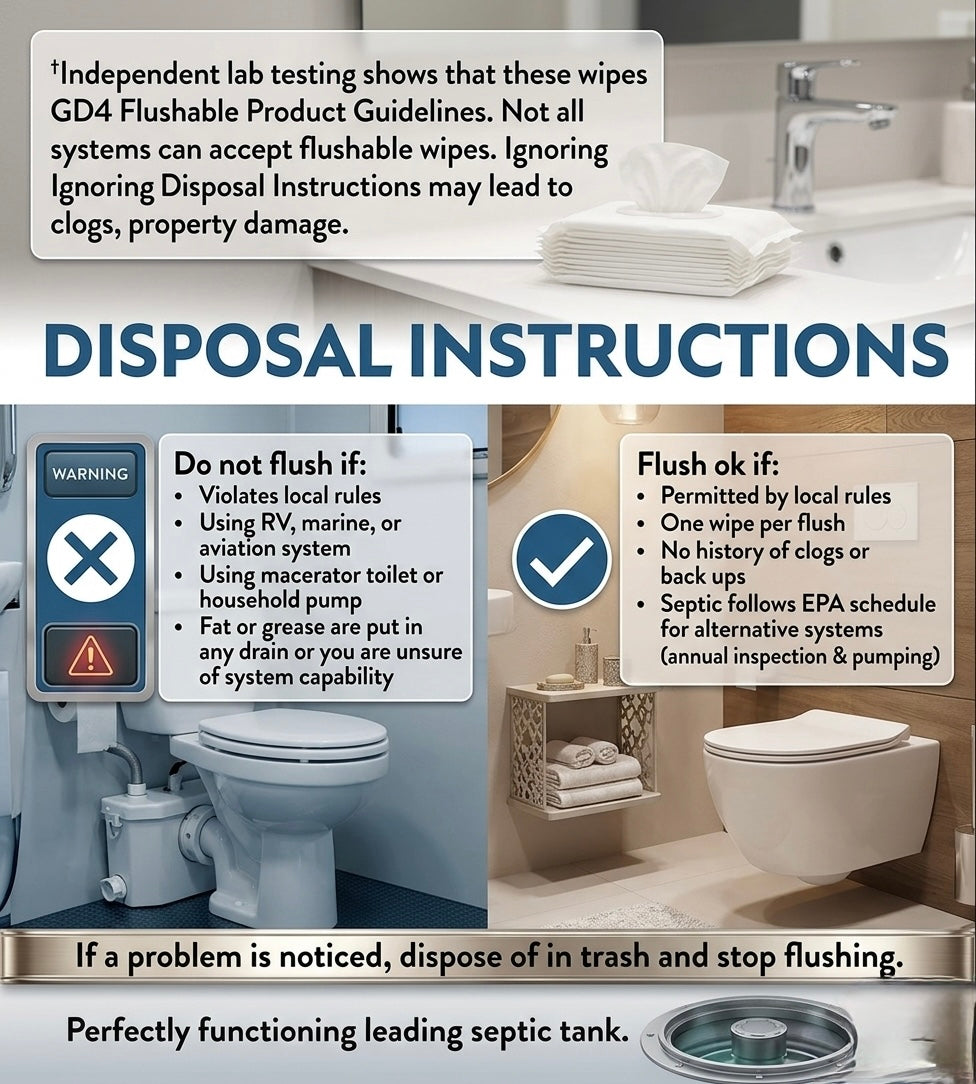 Disposal instructions for flushable wipes with images of a toilet and sink.