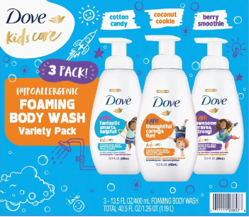 Dove Kids Care Foaming Body Wash Variety Pack with three bottles   
