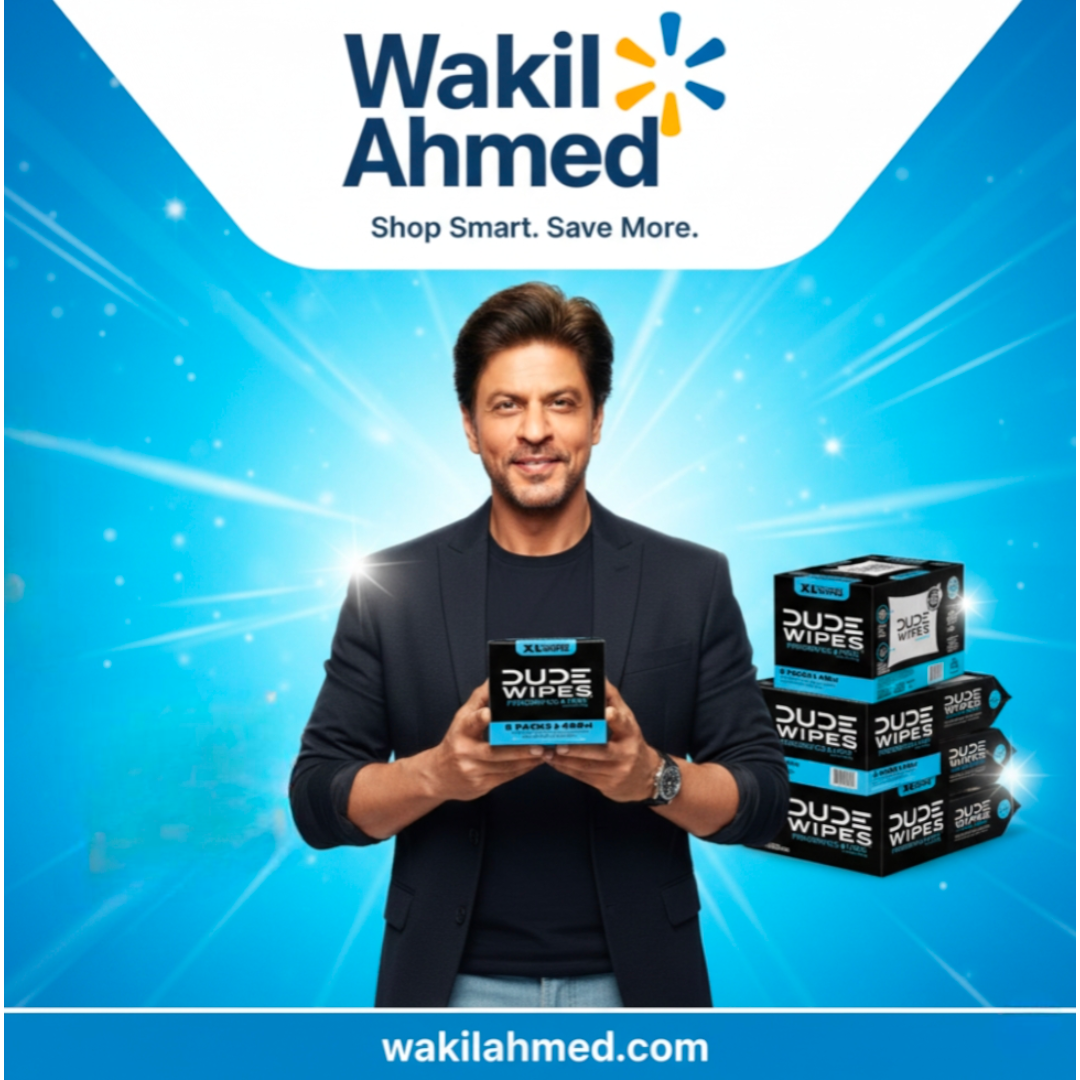 بِسْمِ ٱللَّٰهِ ٱلرَّحْمَٰنِ ٱلرَّحِيمِ
إِنَّا فَتَحْنَا لَكَ فَتْحًا مُّبِينًا.
Shahrukh Khan holding Dude Wipes boxes with Wakil Ahmed branding on a blue background