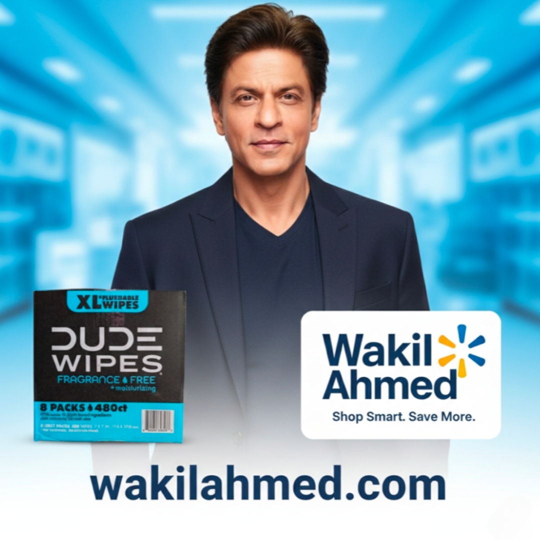بِسْمِ ٱللَّٰهِ ٱلرَّحْمَٰنِ ٱلرَّحِيمِ
إِنَّا فَتَحْنَا لَكَ فَتْحًا مُّبِينًا.
Shahrukh Khan holding Dude Wipes packaging with Wakil Ahmed Marketplace and website on a blurred store background