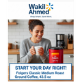 Woman holding a coffee cup with Folgers coffee in a kitchen setting, featuring Wakil Ahmed logo.