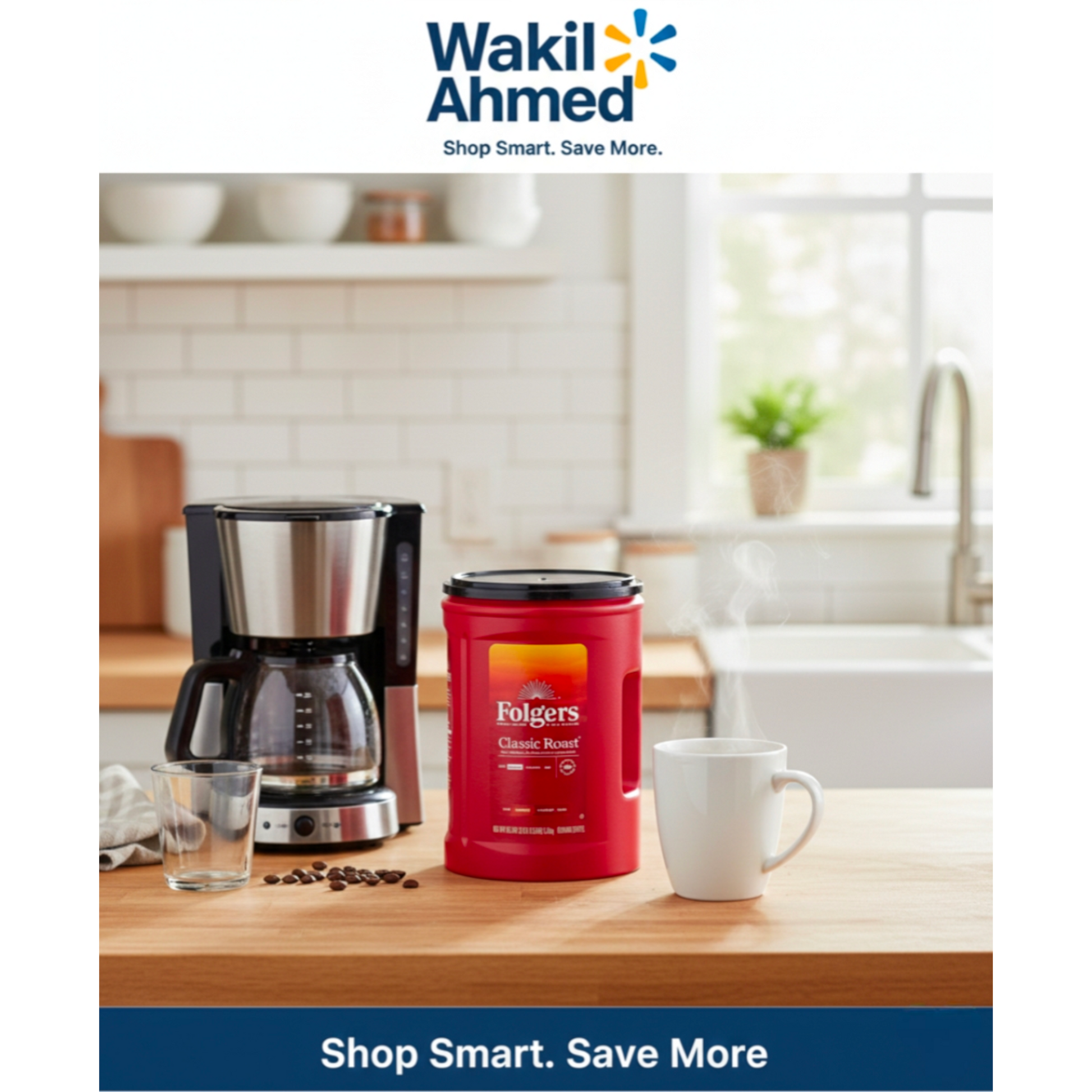 Coffee maker with Folgers container and cup on a kitchen counter, featuring Wakil Ahmed logo.