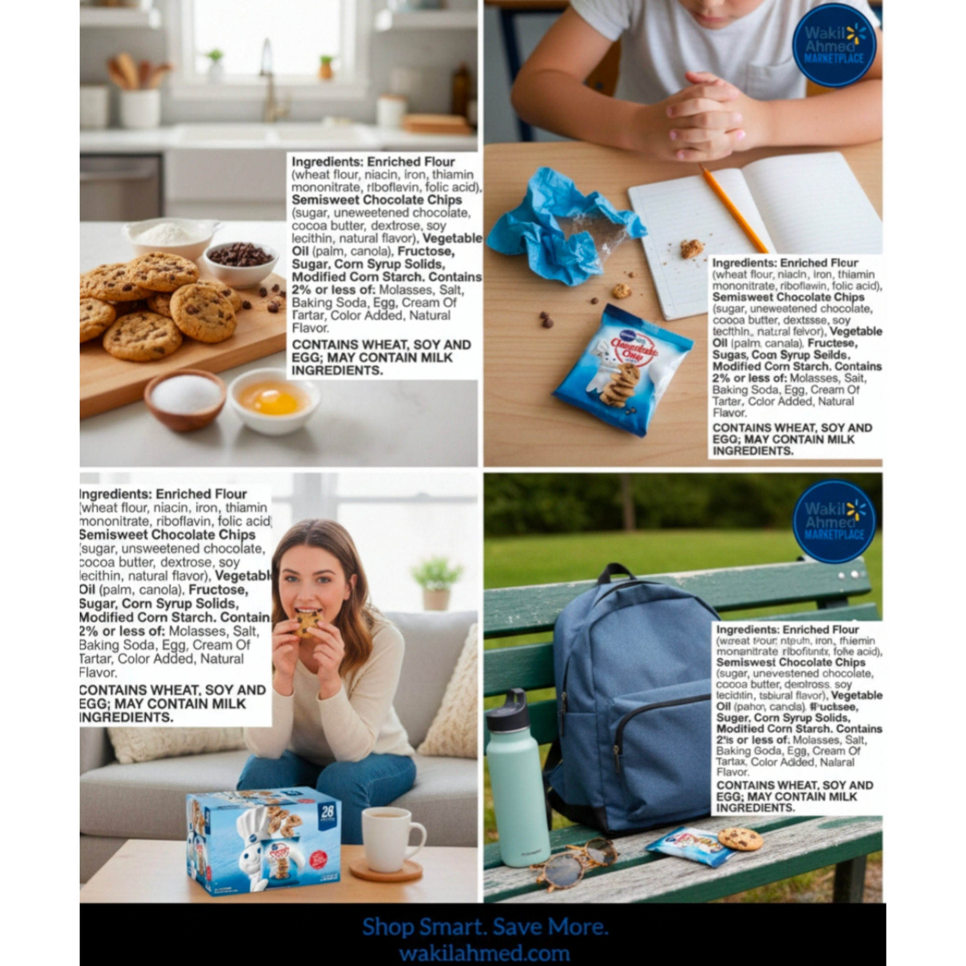 Multifaceted image collage featuring a woman eating cookies, a child at a table with ingredients, a woman with a box of cookies, a person with a blue backpack on a bench, and a kitchen setting.