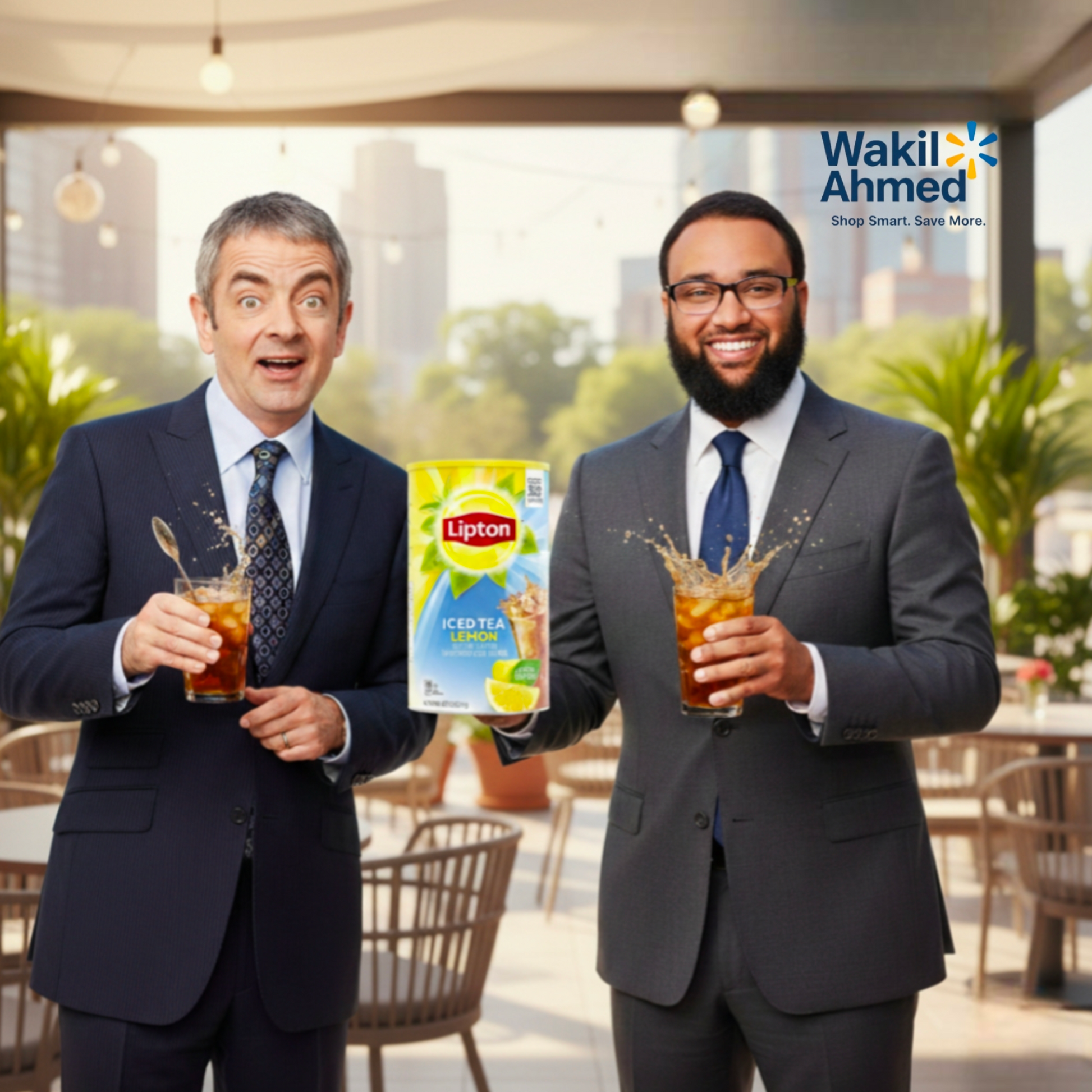 Two men in suits holding Lipton iced tea and a box of Lipton iced tea, with Wakil Ahmed logo in the background.