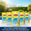 Lipton Lemon Iced Tea packages by a pool with a scenic background