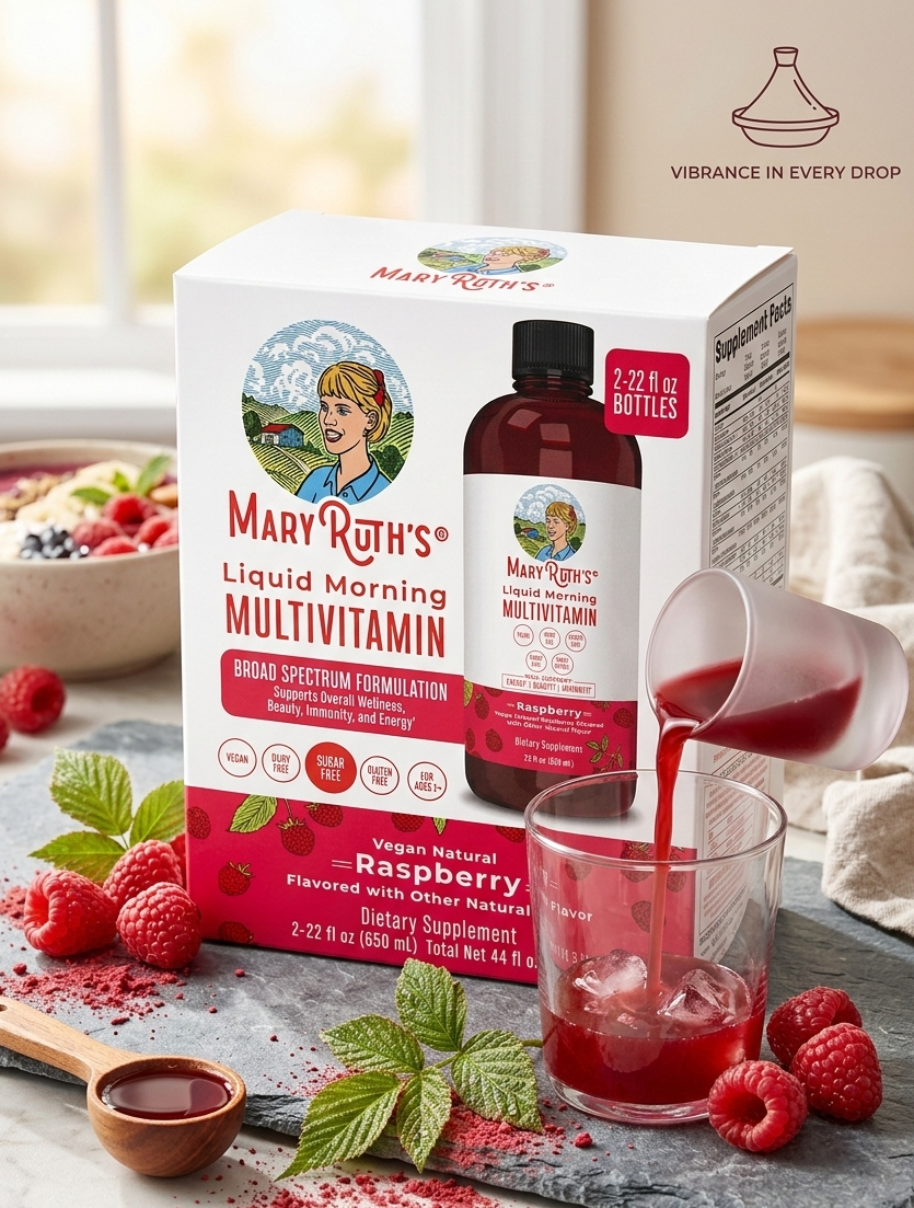 Mary Ruth's Liquid Morning Multivitamin packaging with a glass of the product and raspberries on a table.