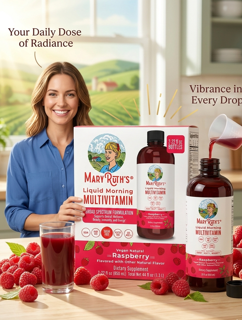Mary Ruth's Liquid Morning Multivitamin packaging with a glass of the product and raspberries on a table.