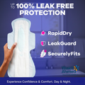 Waki Ahmed's Shop sanitary pad with features 'RapidDry', 'LeakGuard', and 'SecurelyFits' on a blurred background