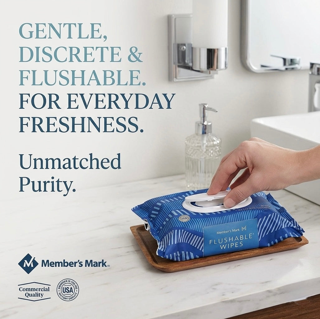 Member's Mark flushable wipes on a bathroom counter with text about product features.