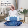 Member's Mark flushable wipes with a hand pulling a tissue in a home setting.