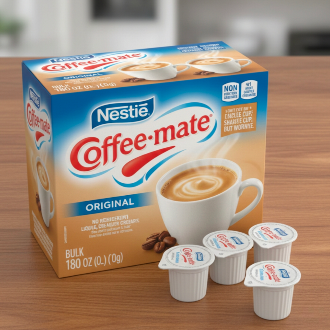 Box of Nestle Coffee-mate creamer with a glass of coffee in the background