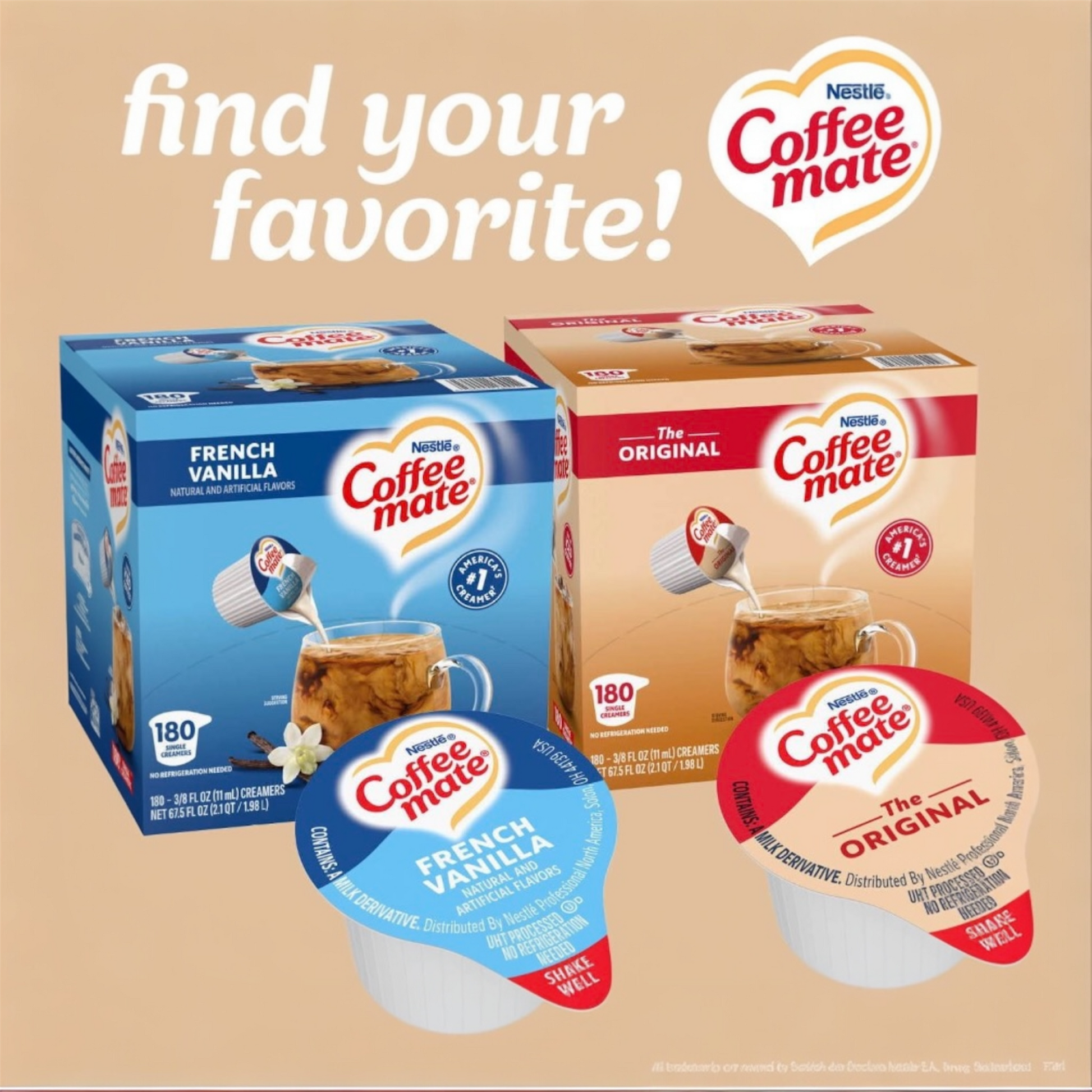 Coffee-mate French Vanilla and Original creamer single-serve boxes, 180 count
