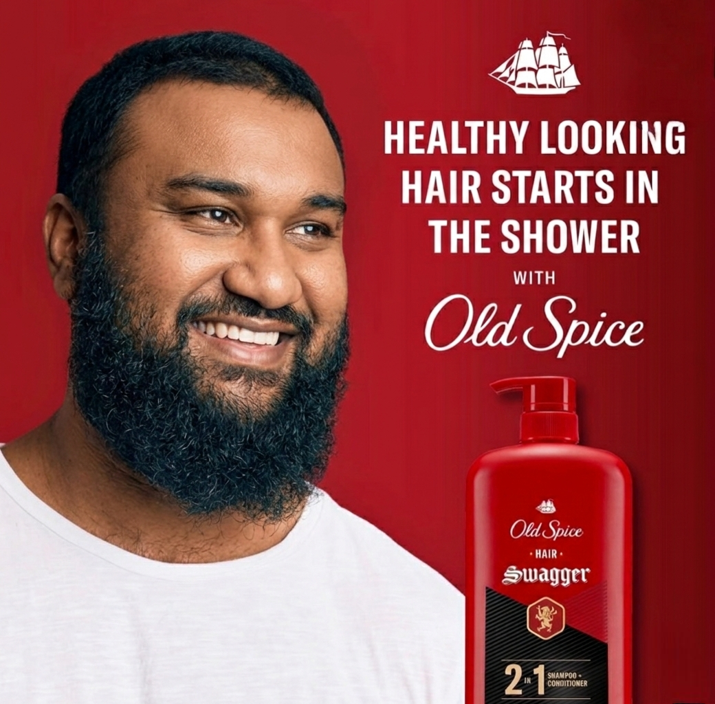 Man with beard and Old Spice hair product on red background