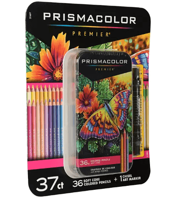 Open box showing the 36 vibrant Prismacolor pencils
