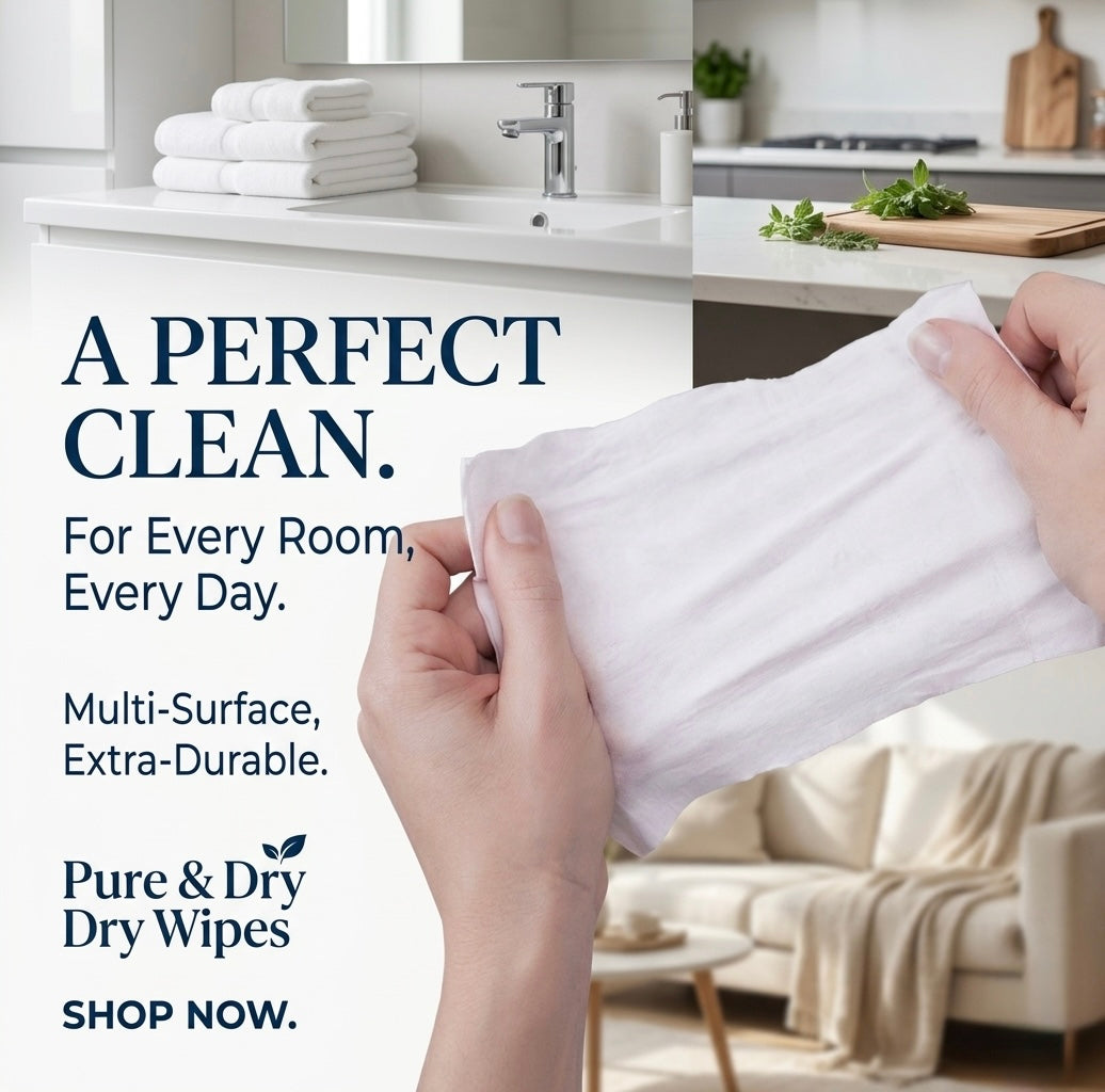 Person holding white dry wipes with text about Pure & Dry dry wipes in a kitchen setting.