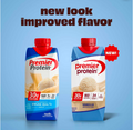 Two containers of Premier Protein with a blue background and text indicating 'new look improved flavor'.