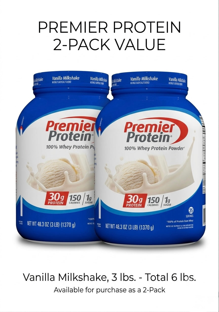 Vanilla milkshake protein powder 2-pack, two blue bottles with front labels