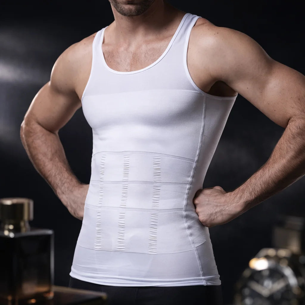 Men's compression body shaper vest by Wakil Ahmed, featuring a seamless design for slimming and belly control.