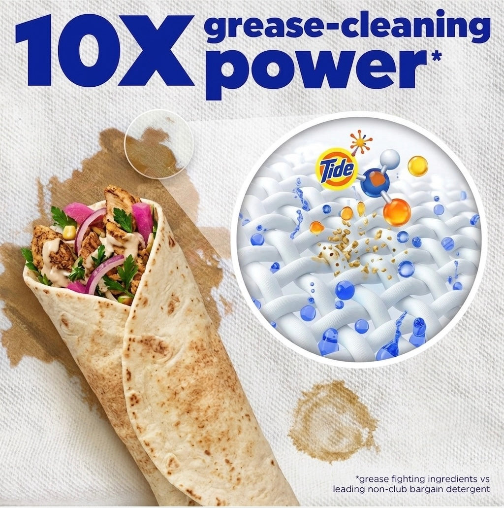 Tide Original liquid detergent cleaning power panel with grease-fighting visual